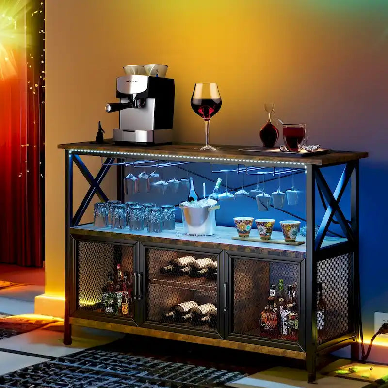 55" Wine Bar Cabinet with LED Lights and Goblet Stand for Living Room Kitchen