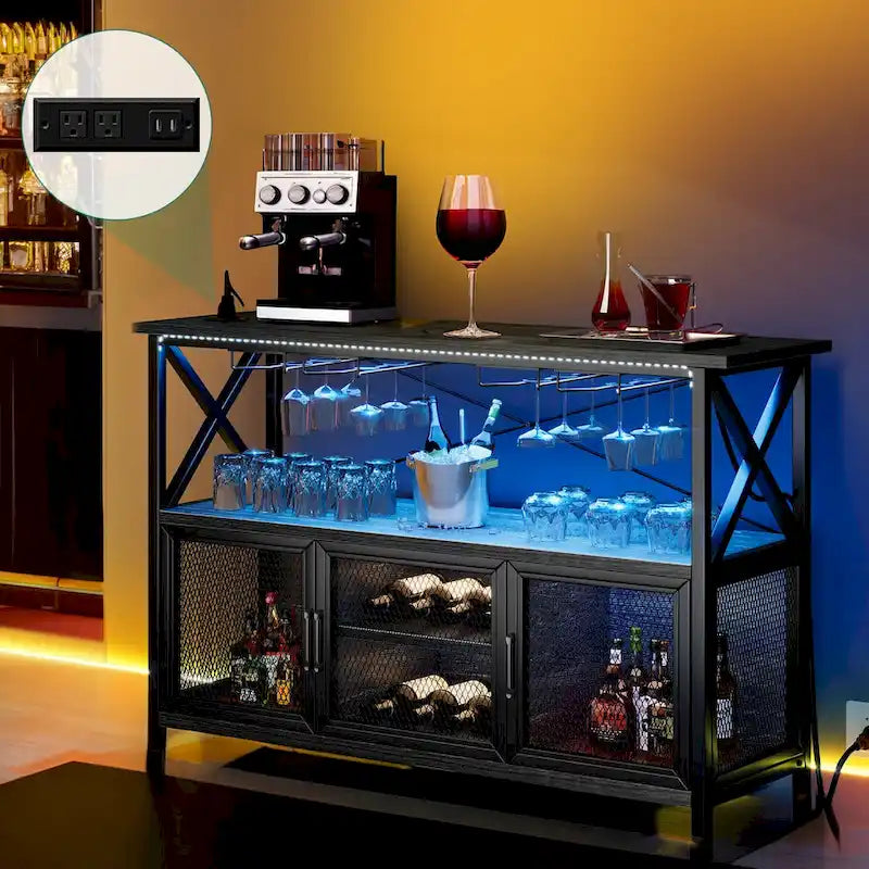 55" Wine Bar Cabinet with LED Lights and Goblet Stand for Living Room Kitchen