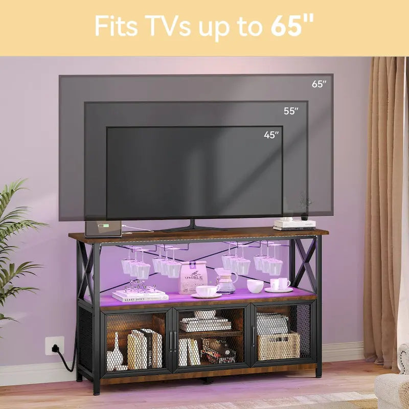 55" Wine Bar Cabinet with LED Lights and Goblet Stand for Living Room Kitchen