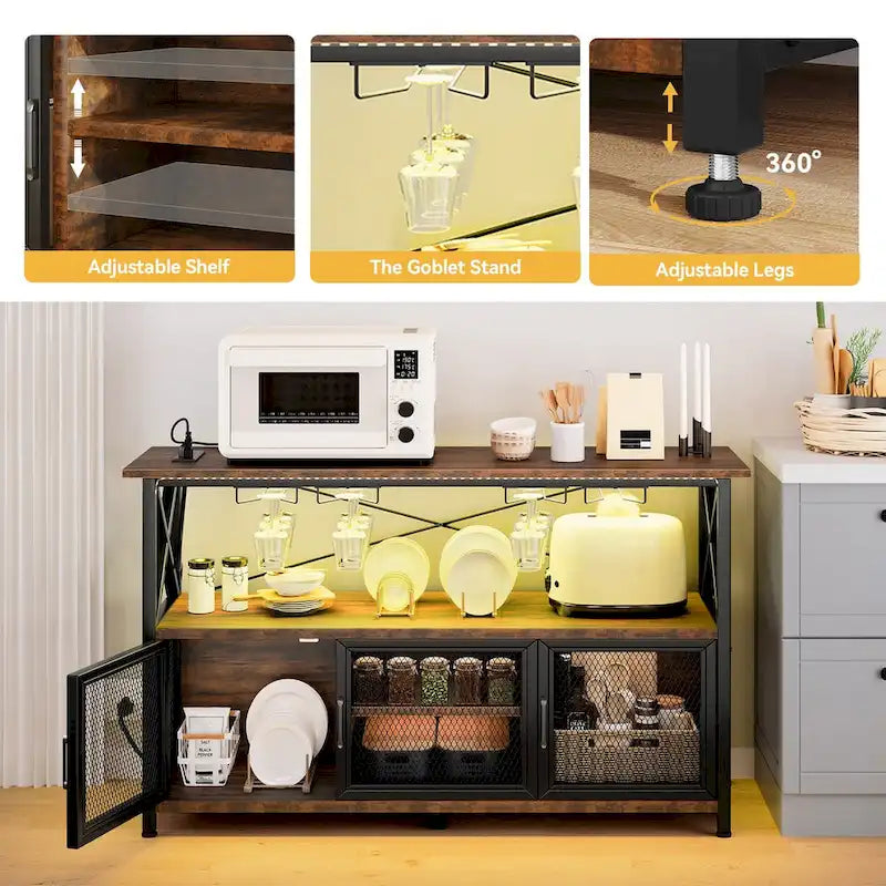 55" Wine Bar Cabinet with LED Lights and Goblet Stand for Living Room Kitchen