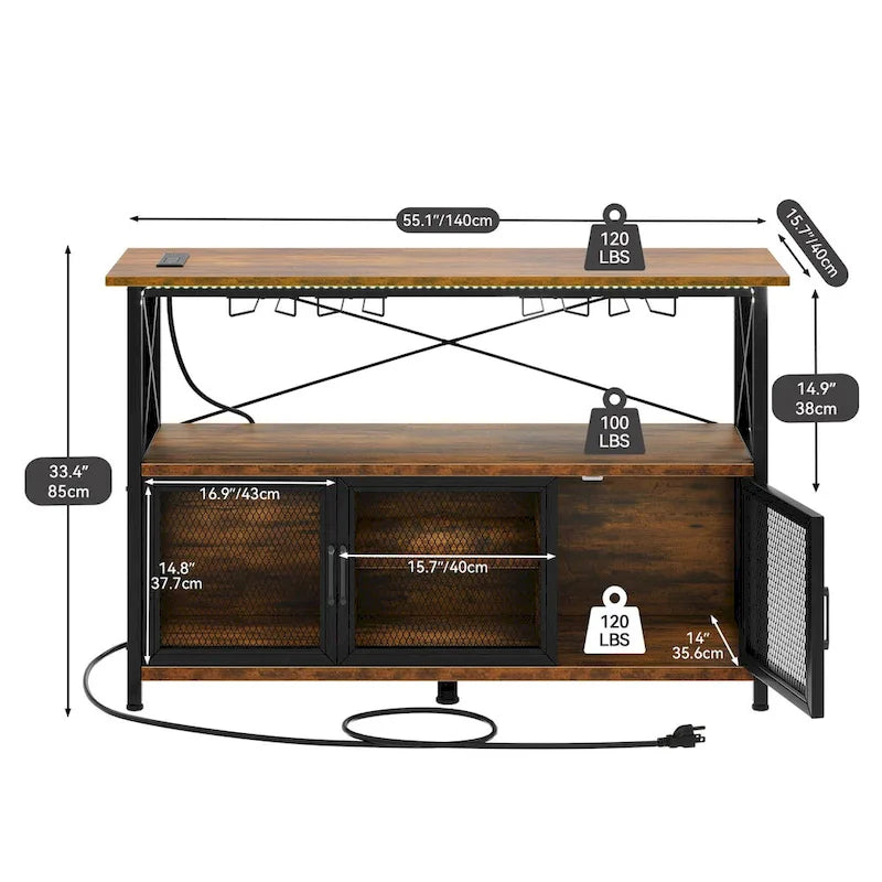 55" Wine Bar Cabinet with LED Lights and Goblet Stand for Living Room Kitchen