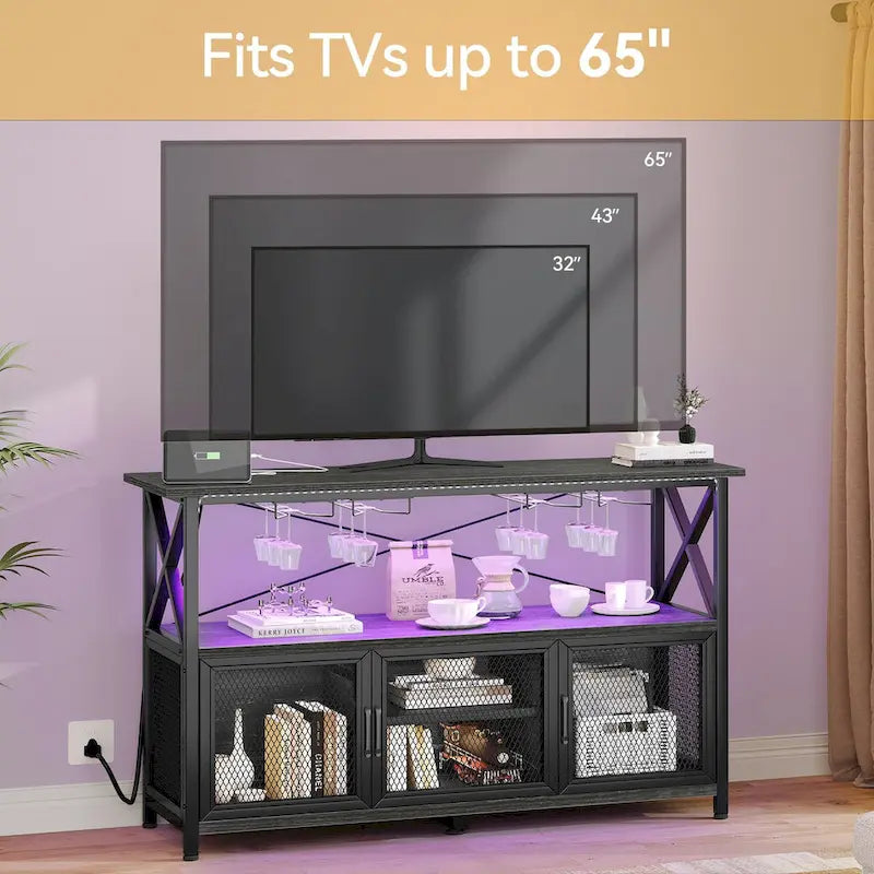 55" Wine Bar Cabinet with LED Lights and Goblet Stand for Living Room Kitchen