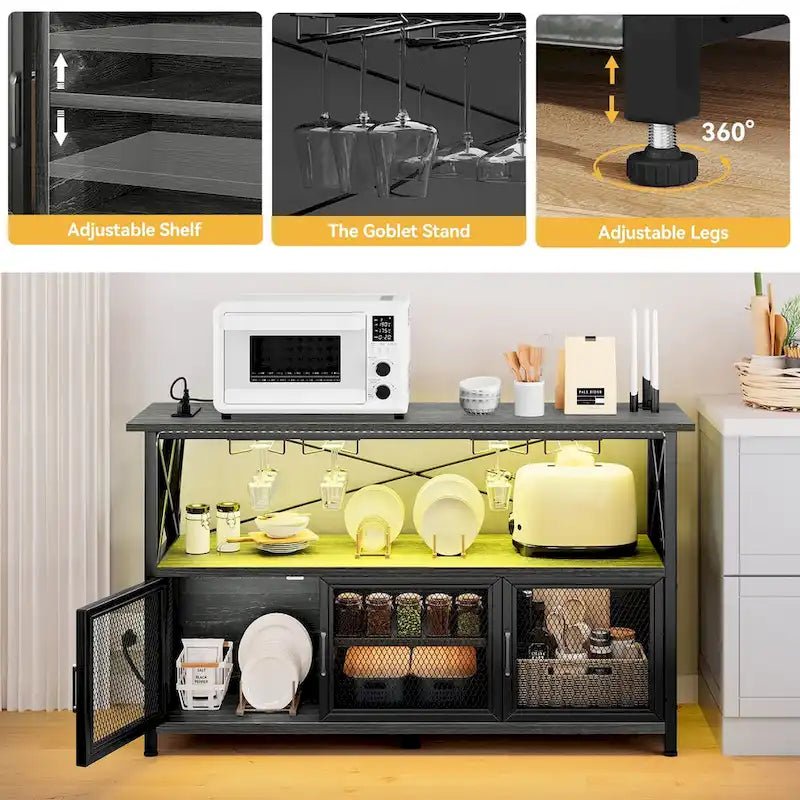 55" Wine Bar Cabinet with LED Lights and Goblet Stand for Living Room Kitchen