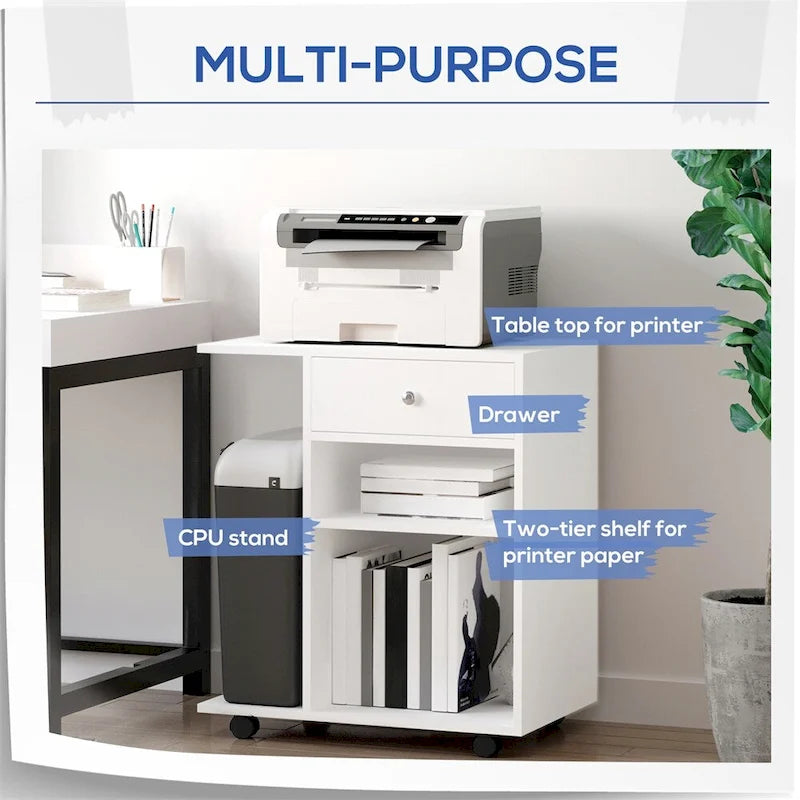 Mobile Printer Stand Rolling File Cabinet Cart with Wheels Adjustable Shelf
