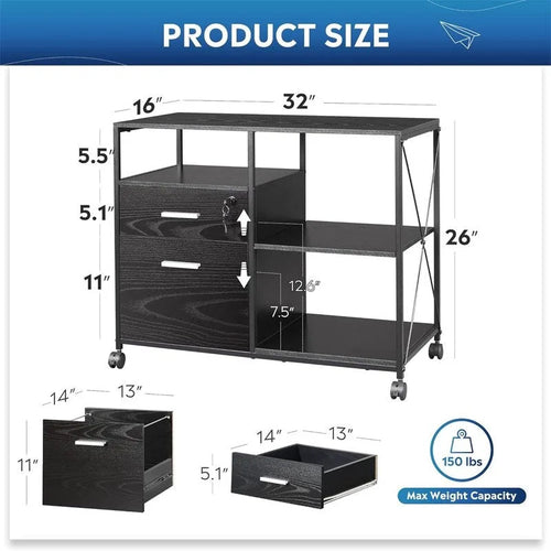 2-Drawer Lateral File Cabinet with Open Shelf Industrial Style 32W x 16D x 26H