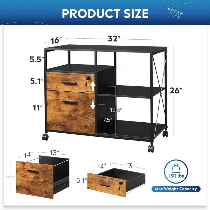 2-Drawer Lateral File Cabinet with Open Shelf Industrial Style 32W x 16D x 26H
