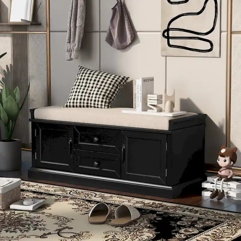 Storage Bench with 2 Drawers and 2 Cabinets, Shoe Bench with Removable Cushion for Living Room, Entryway