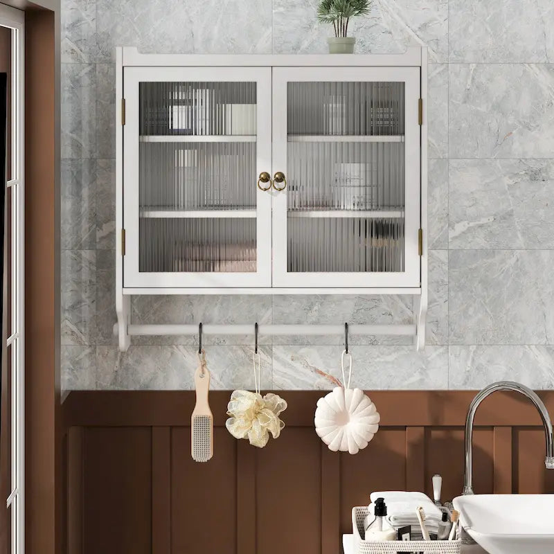 Glass Door Vintage Double Door Wall Cabinet with Fluted Design