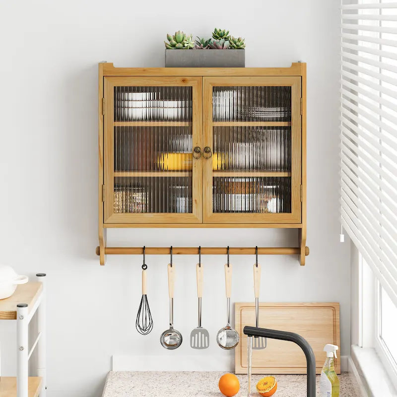 Glass Door Vintage Double Door Wall Cabinet with Fluted Design