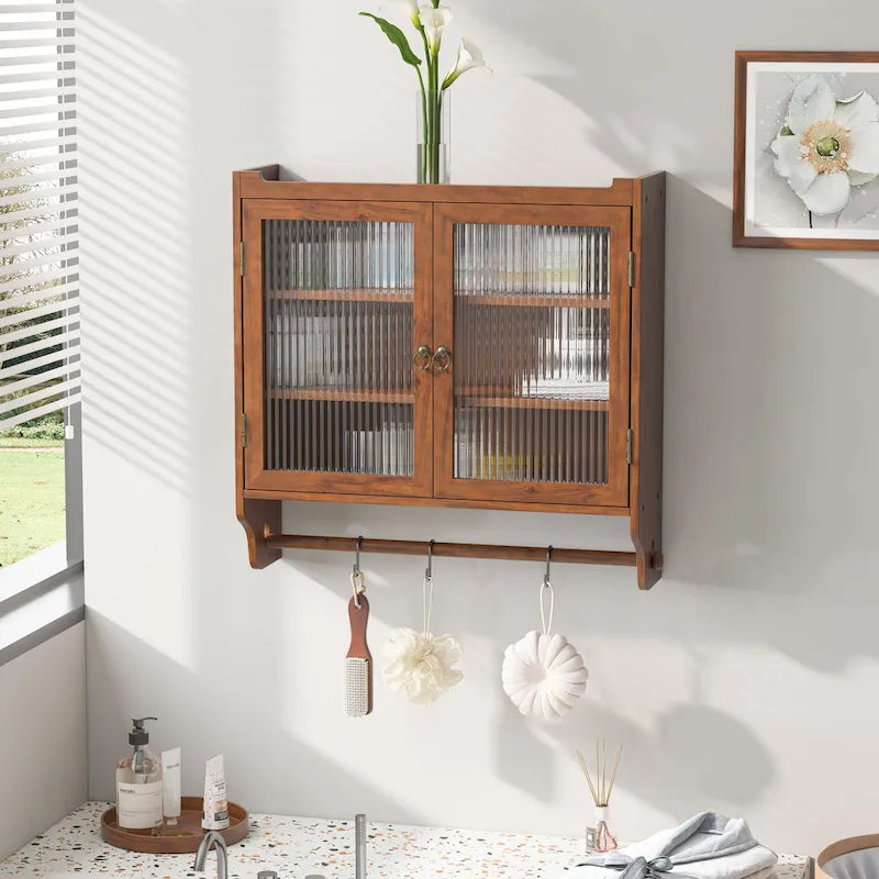 Glass Door Vintage Double Door Wall Cabinet with Fluted Design