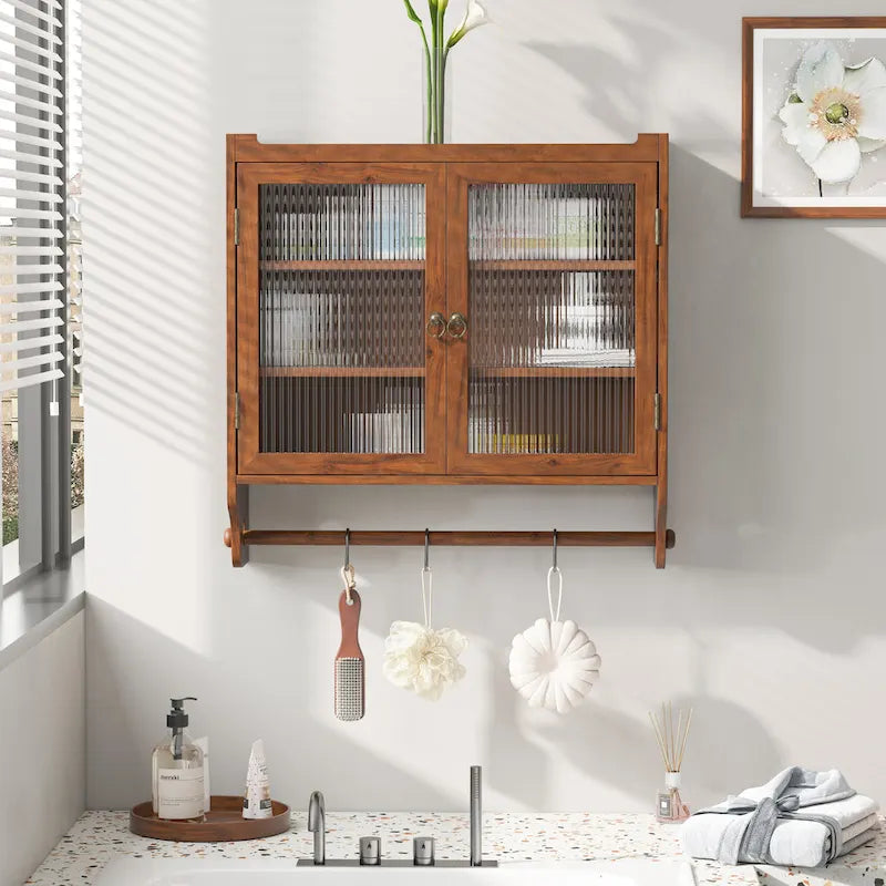 Glass Door Vintage Double Door Wall Cabinet with Fluted Design