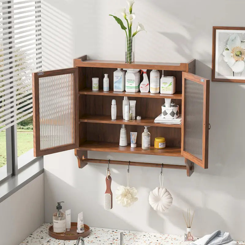 Glass Door Vintage Double Door Wall Cabinet with Fluted Design