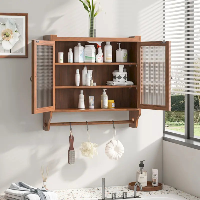 Glass Door Vintage Double Door Wall Cabinet with Fluted Design
