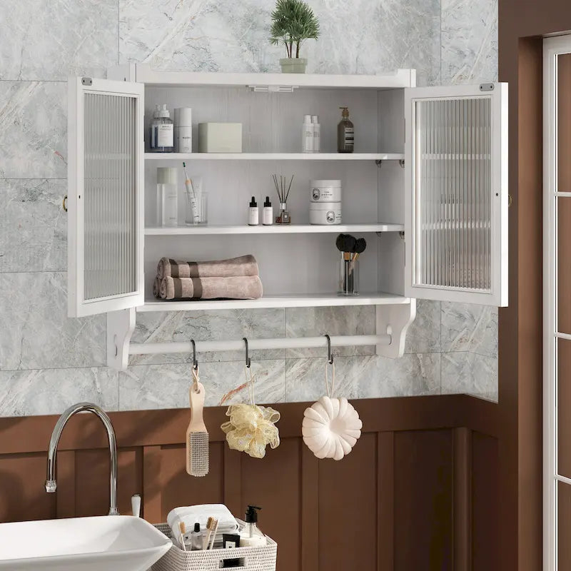 Glass Door Vintage Double Door Wall Cabinet with Fluted Design