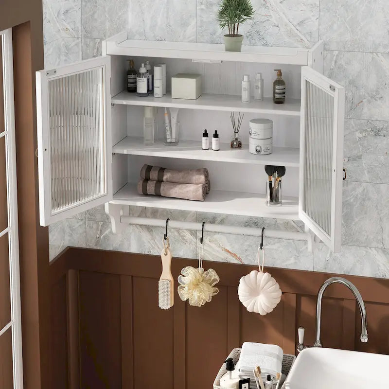 Glass Door Vintage Double Door Wall Cabinet with Fluted Design