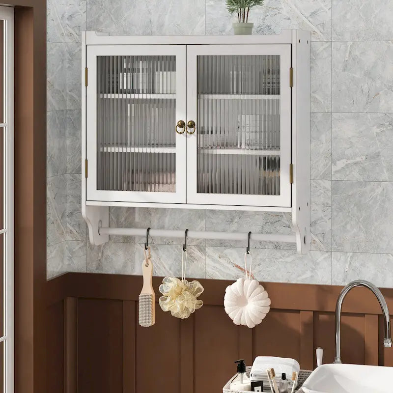Glass Door Vintage Double Door Wall Cabinet with Fluted Design