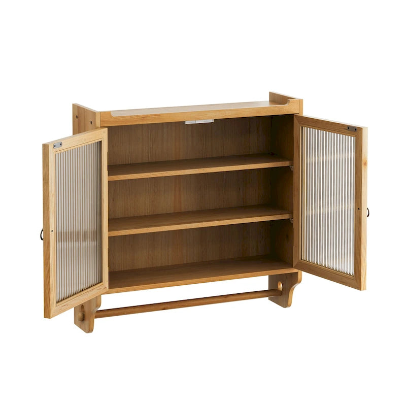 Glass Door Vintage Double Door Wall Cabinet with Fluted Design