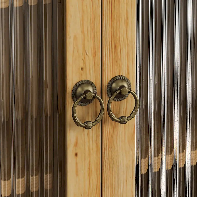 Glass Door Vintage Double Door Wall Cabinet with Fluted Design