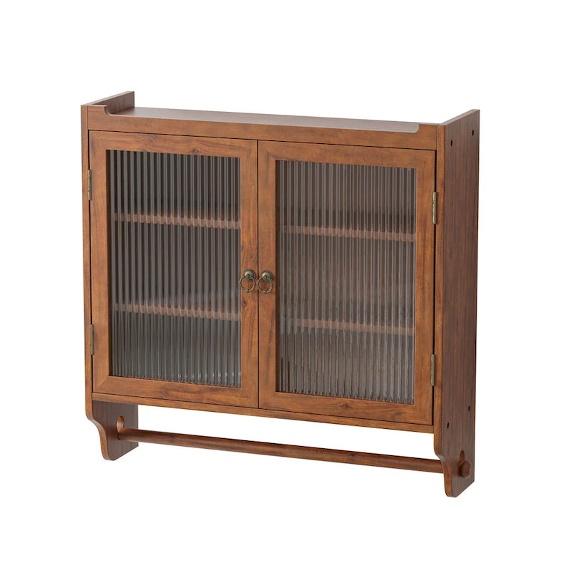 Glass Door Vintage Double Door Wall Cabinet with Fluted Design