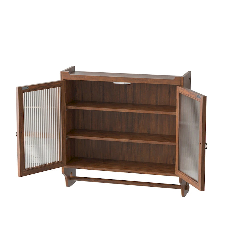 Glass Door Vintage Double Door Wall Cabinet with Fluted Design