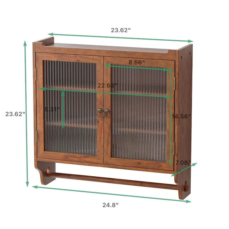 Glass Door Vintage Double Door Wall Cabinet with Fluted Design