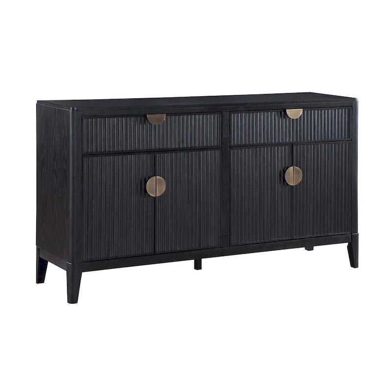 Black Fluted 2-Drawer 4-Door Sideboard Buffet Cabinet with Brass Pulls