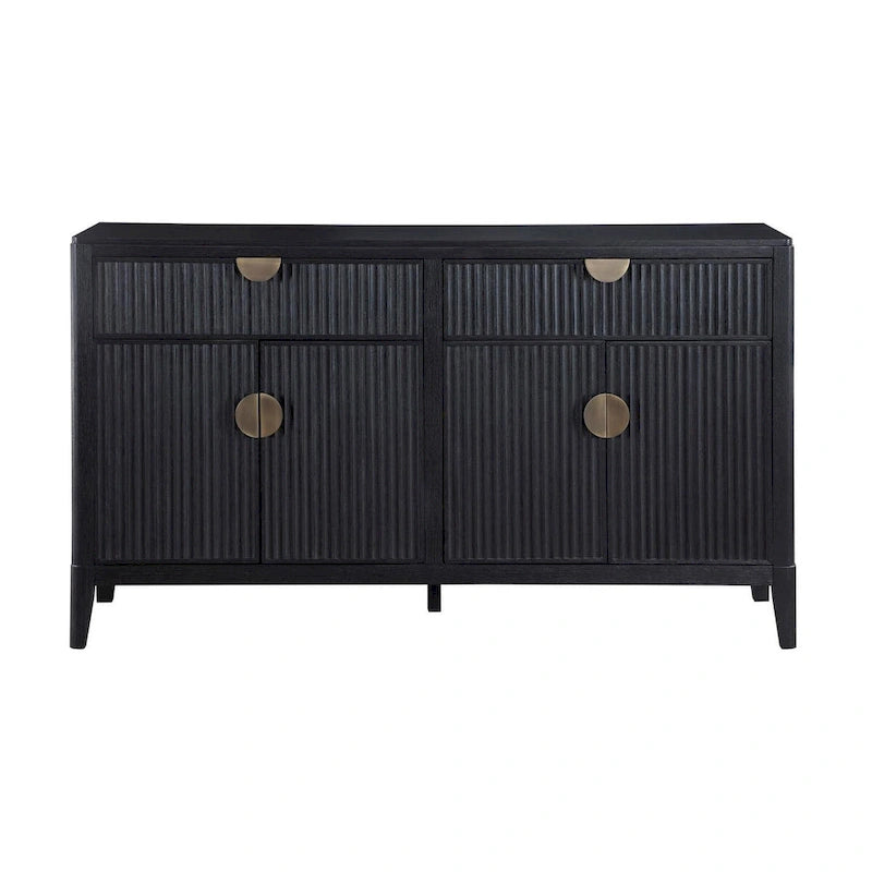 Black Fluted 2-Drawer 4-Door Sideboard Buffet Cabinet with Brass Pulls