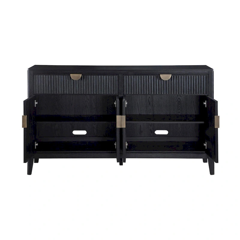 Black Fluted 2-Drawer 4-Door Sideboard Buffet Cabinet with Brass Pulls