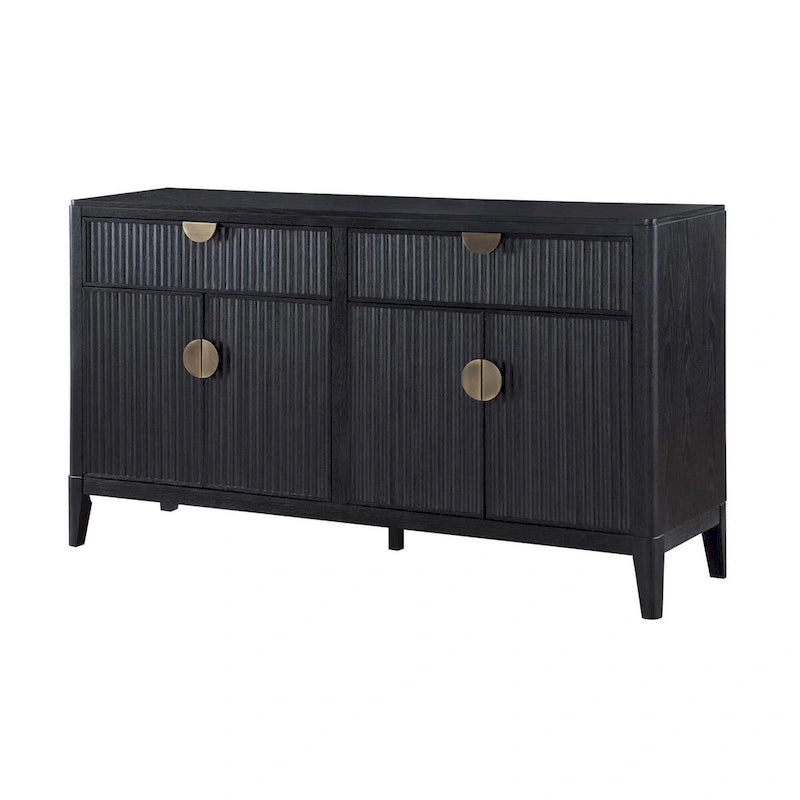 Black Fluted 2-Drawer 4-Door Sideboard Buffet Cabinet with Brass Pulls