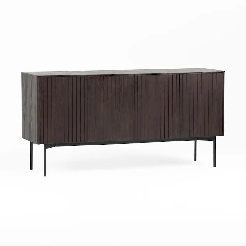 Modern Smoked Ash Buffet with Black Metal Legs and 4-Door Storage