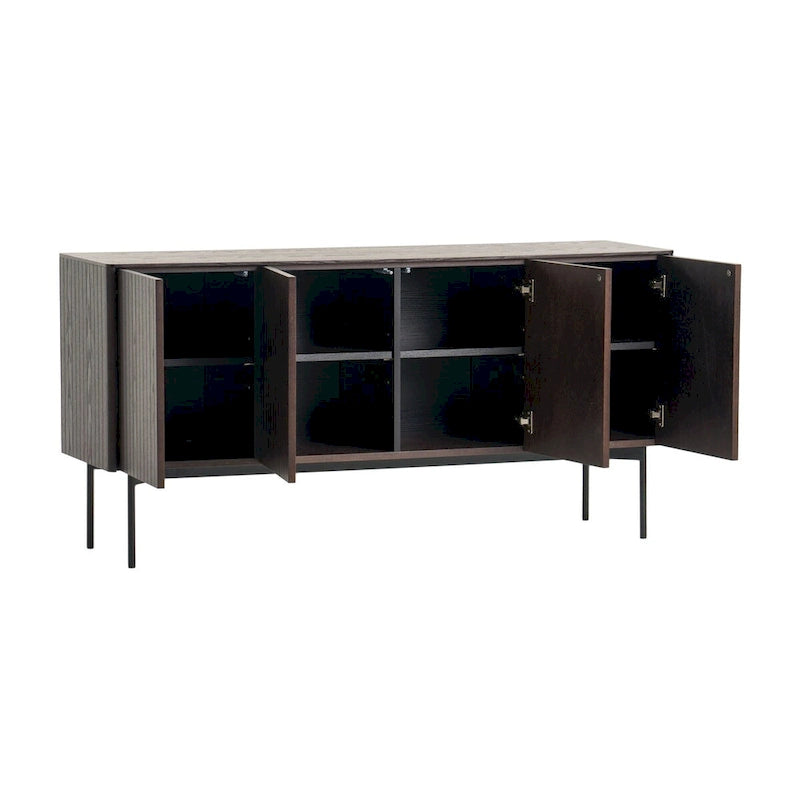 Modern Smoked Ash Buffet with Black Metal Legs and 4-Door Storage