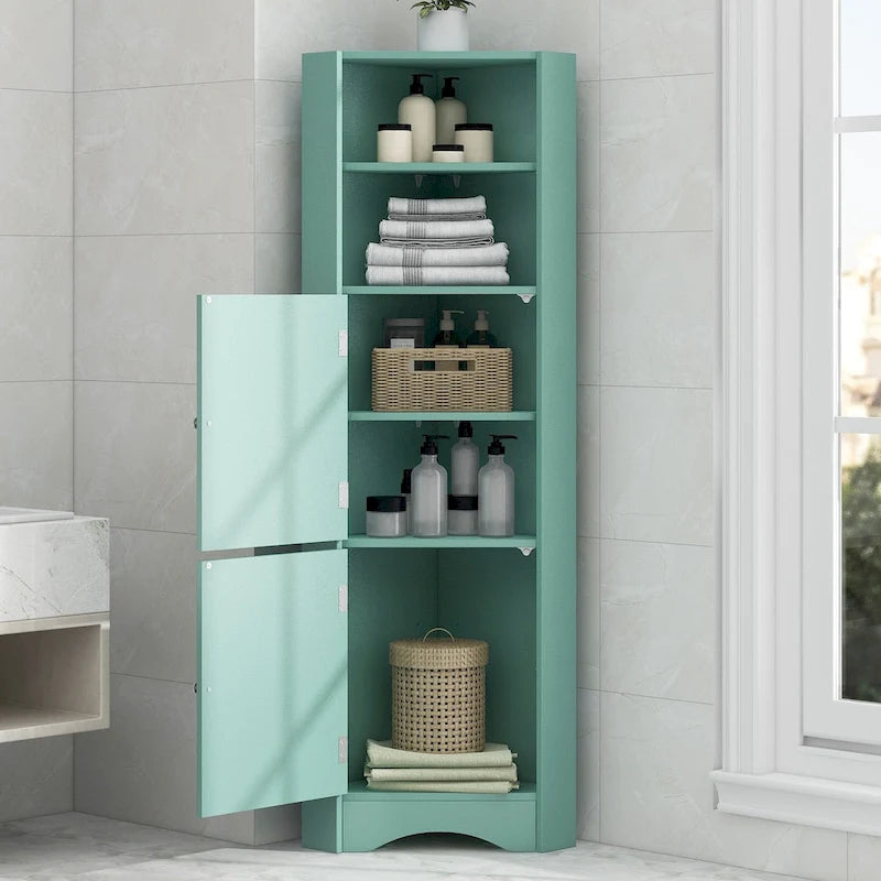 Tall Bathroom Corner Cabinet Freestanding Storage Cabinet with Doors and Adjustable Shelves Green