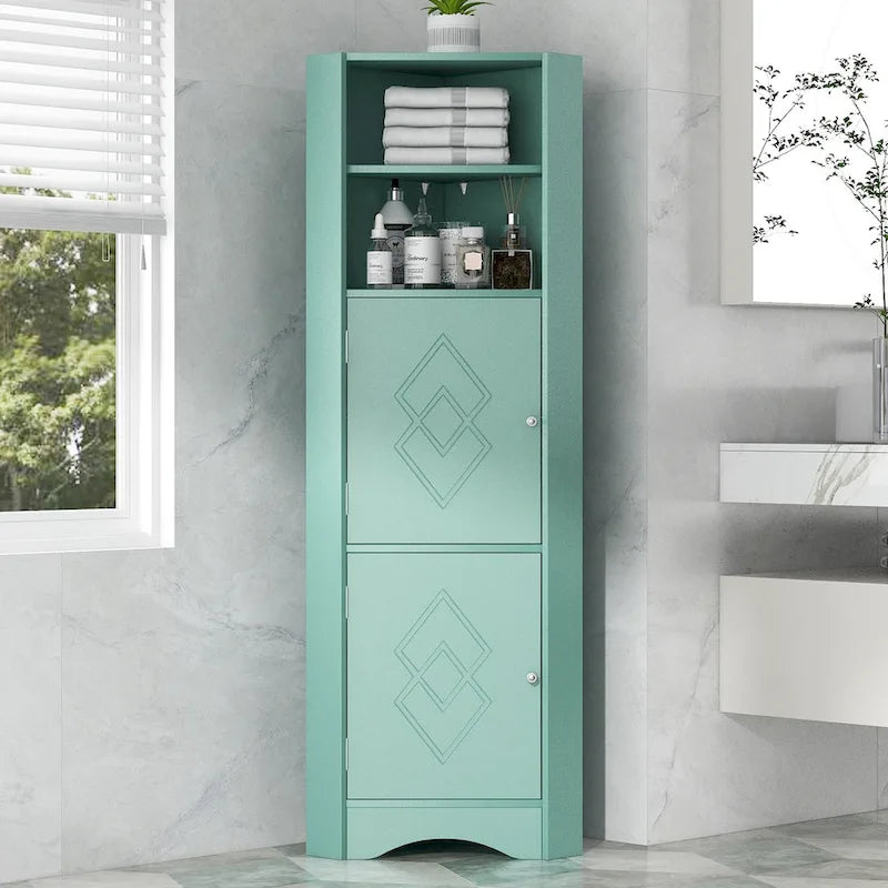 Tall Bathroom Corner Cabinet Freestanding Storage Cabinet with Doors and Adjustable Shelves Green