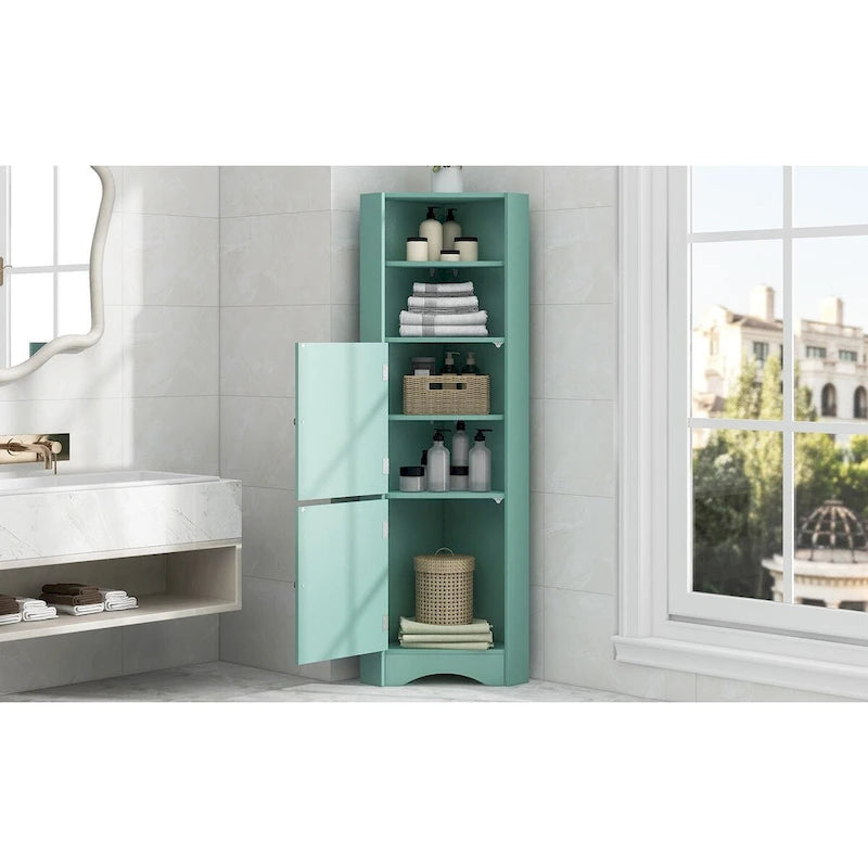 Tall Bathroom Corner Cabinet Freestanding Storage Cabinet with Doors and Adjustable Shelves Green