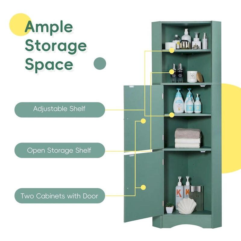 Tall Bathroom Corner Cabinet Freestanding Storage Cabinet with Doors and Adjustable Shelves Green