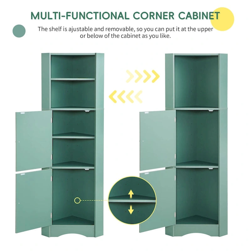 Tall Bathroom Corner Cabinet Freestanding Storage Cabinet with Doors and Adjustable Shelves Green