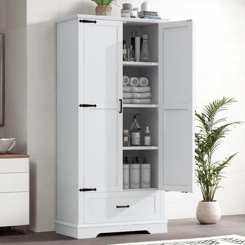 Tall Bathroom Storage Cabinet with Two Doors, One Drawer, and Adjustable Shelf in White