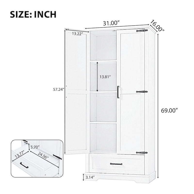 Tall Bathroom Storage Cabinet with Two Doors, One Drawer, and Adjustable Shelf in White