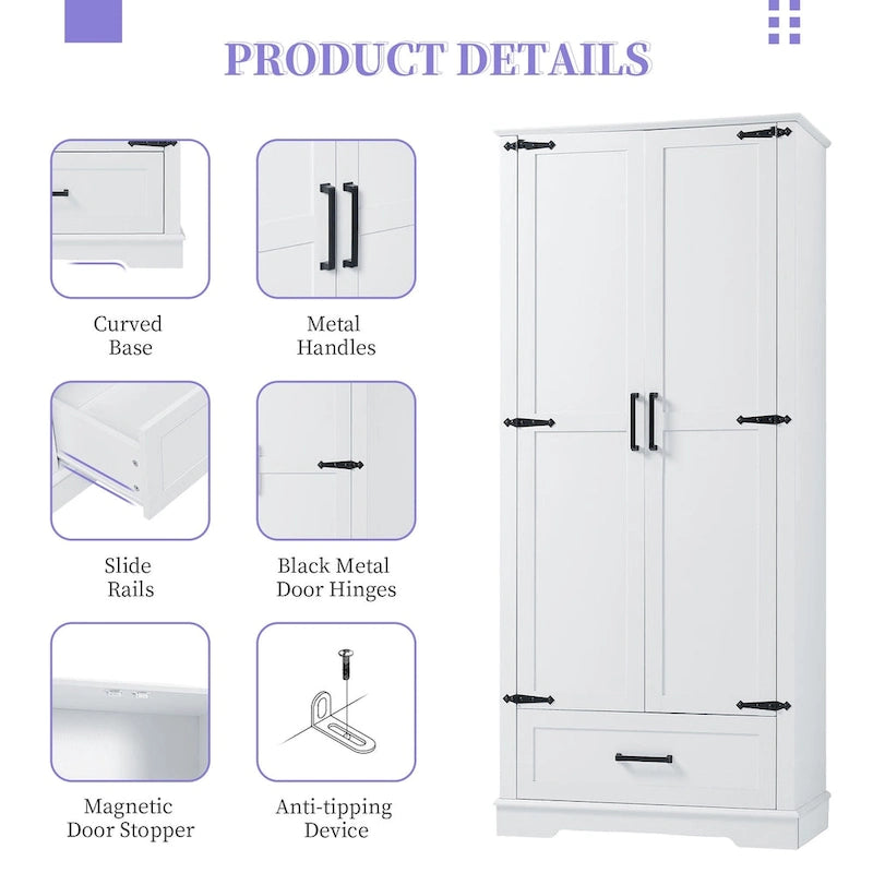 Tall Bathroom Storage Cabinet with Two Doors, One Drawer, and Adjustable Shelf in White