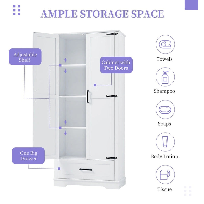 Tall Bathroom Storage Cabinet with Two Doors, One Drawer, and Adjustable Shelf in White
