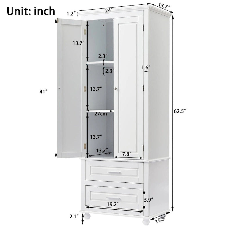 Tall Storage Cabinet with Two Drawers for Bathroom and Office