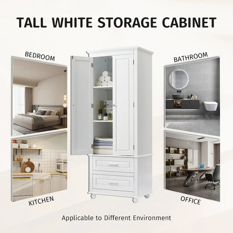 Tall Storage Cabinet with Two Drawers for Bathroom and Office