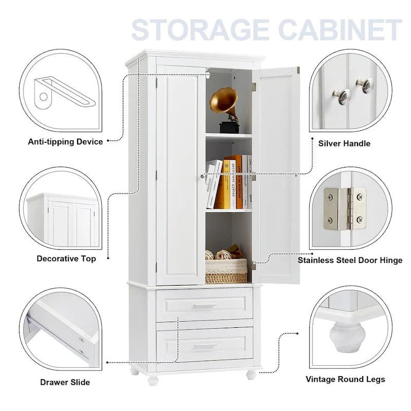 Tall Storage Cabinet with Two Drawers for Bathroom and Office