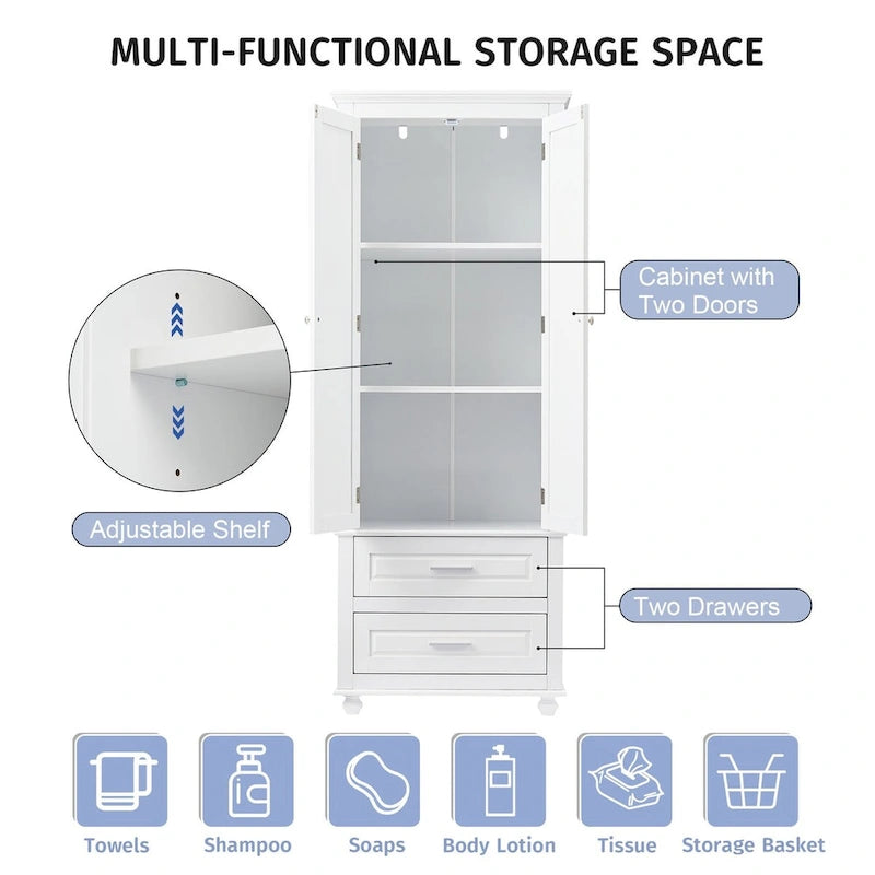 Tall Storage Cabinet with Two Drawers for Bathroom and Office