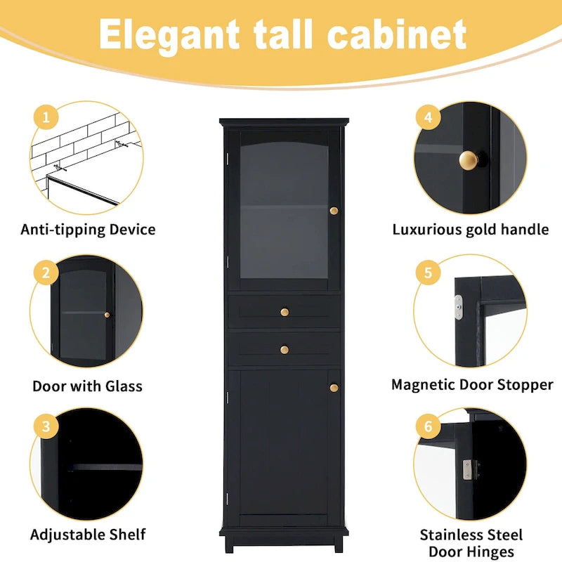 17.7 in. W x 14.2 in. D x 63 in. H Linen Cabinet with Glass Door and Two Drawers