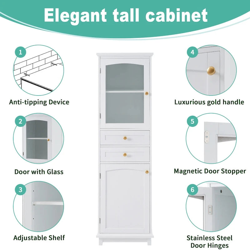 17.7 in. W x 14.2 in. D x 63 in. H Linen Cabinet with Glass Door and Two Drawers
