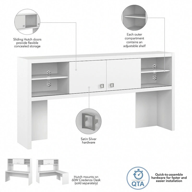 72W Contemporary Desk Hutch with Sliding Doors and Adjustable Shelves