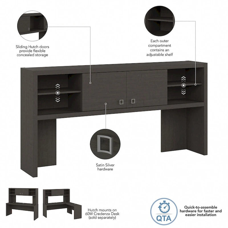 72W Contemporary Desk Hutch with Sliding Doors and Adjustable Shelves