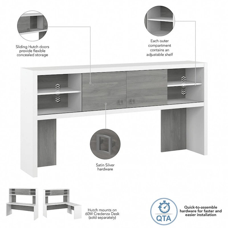 72W Contemporary Desk Hutch with Sliding Doors and Adjustable Shelves