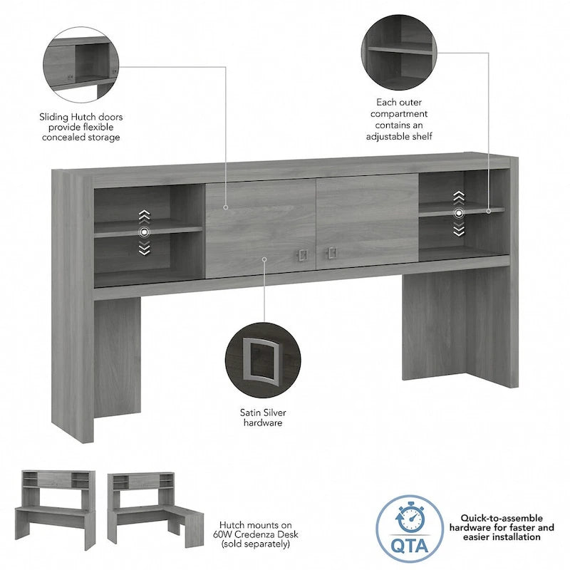 72W Contemporary Desk Hutch with Sliding Doors and Adjustable Shelves